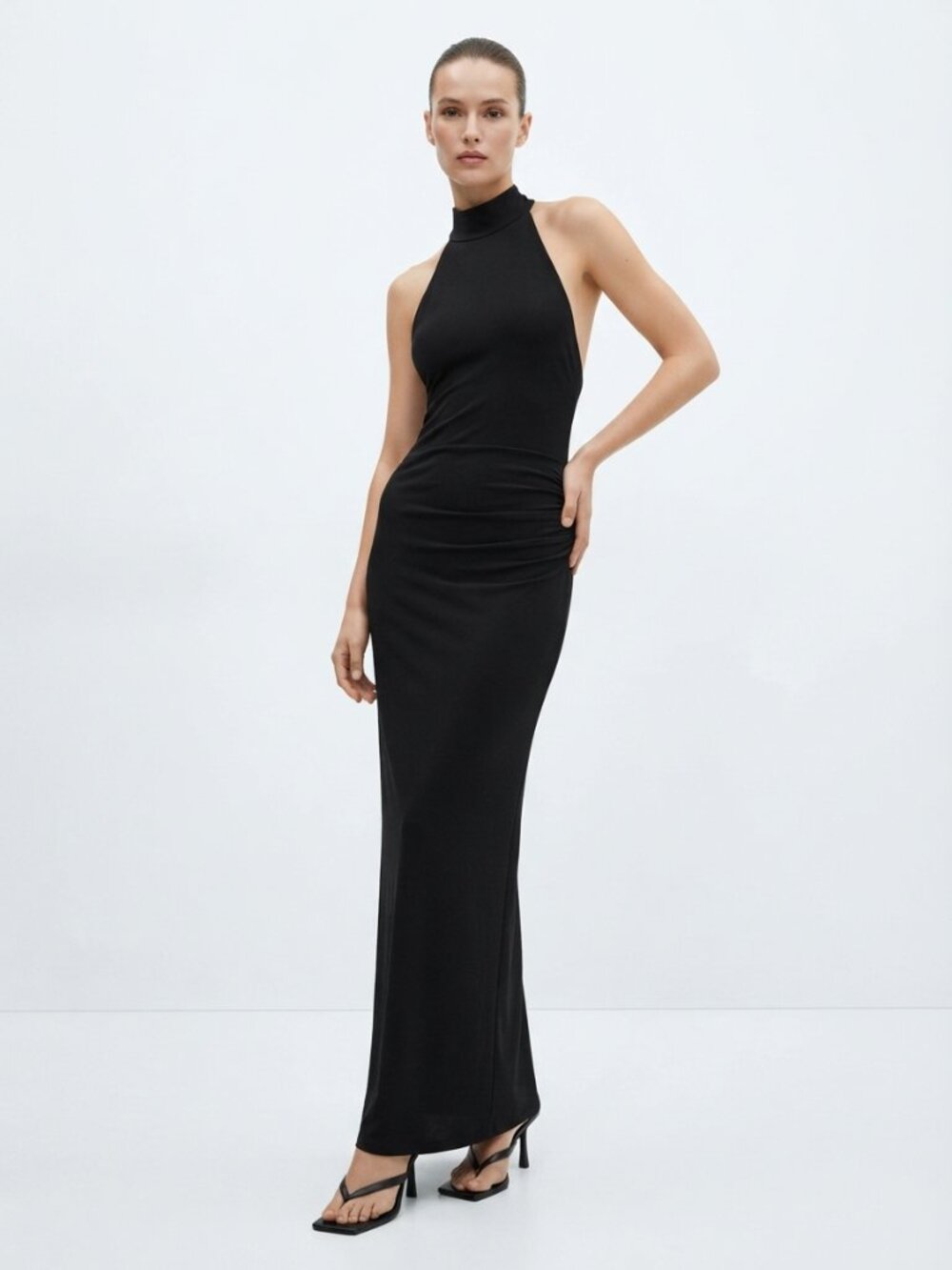 ZARA Open Back Halter Neck Maxi Dress Black Draped Size S NWT